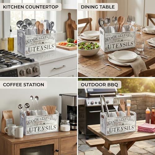 Rustic White Wooden Utensil Holder for Kitchen Counter Decor,Extra Large Kitchen Utensil Holder Silverware Caddy Farmhouse Wood Cutlery Holder Cooking Utensil Stand Storage kitchen Tools Holder
