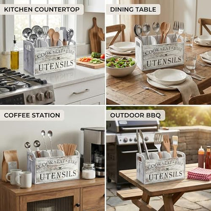 Rustic White Wooden Utensil Holder for Kitchen Counter Decor,Extra Large Kitchen Utensil Holder Silverware Caddy Farmhouse Wood Cutlery Holder Cooking Utensil Stand Storage kitchen Tools Holder