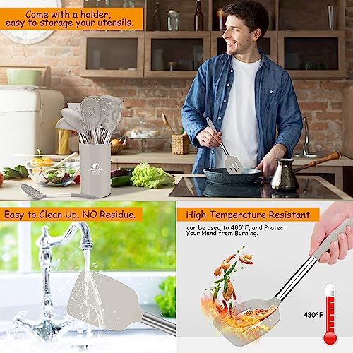 MIBOTE Silicone Kitchen Cooking Utensils Set, Steel Handle, Khaki | Heat Resistant, BPA-Free Silicone Kitchen Tools Set with Stainless Steel Handle – Durable, Non-Toxic Cooking Utensils Set - color: 3-Khaki