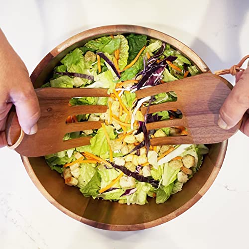 Woodard & Charles Acaica Wood 12" x 5" Serving Bowl Set with Serving Hands, 3 Piece Set ★★PACK OF 4★★ - size: 12" x 5" Bowl w/ Salad Hands-*Pack of 4*