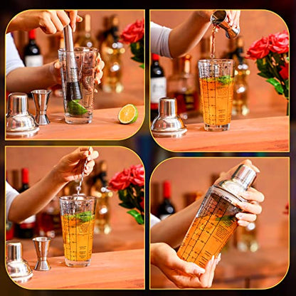Rtteri 4 Pcs Cocktail Shaker Set 14 oz Martini Glass Shaker Cup Stainless Steel Drink Shaker Tool Margarita Bartender Kit Cocktail Mixers with Measuring Jigger Mixing Spoon for Bar