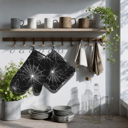 Spider Web Oven Mitts and Pot Holders Sets Silicone Kitchen Mitts Potholders Heat Resistant Oven Gloves Hot Pads for Kitchen Baking Cooking - color: Spider Web