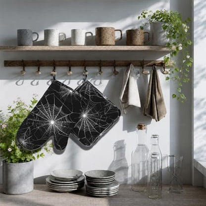 Spider Web Oven Mitts and Pot Holders Sets Silicone Kitchen Mitts Potholders Heat Resistant Oven Gloves Hot Pads for Kitchen Baking Cooking - color: Spider Web