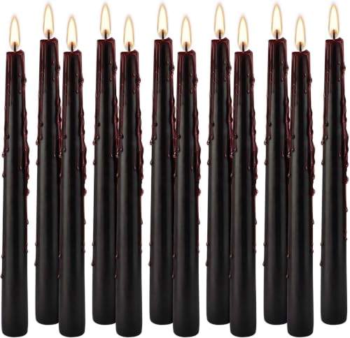 Vampire Tears Black Bleeding Taper Candles 12 Pack, 10 Inch | Unscented, Red Drip Effect When Lit, Halloween & Party Decor, Ritual Use, 24.5 cm Tall - color: 12 Black