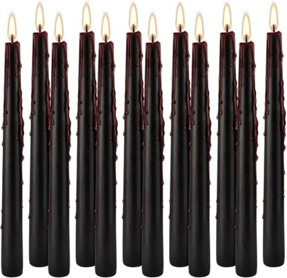 Vampire Tears Black Bleeding Taper Candles 12 Pack, 10 Inch | Unscented, Red Drip Effect When Lit, Halloween & Party Decor, Ritual Use, 24.5 cm Tall - color: 12 Black
