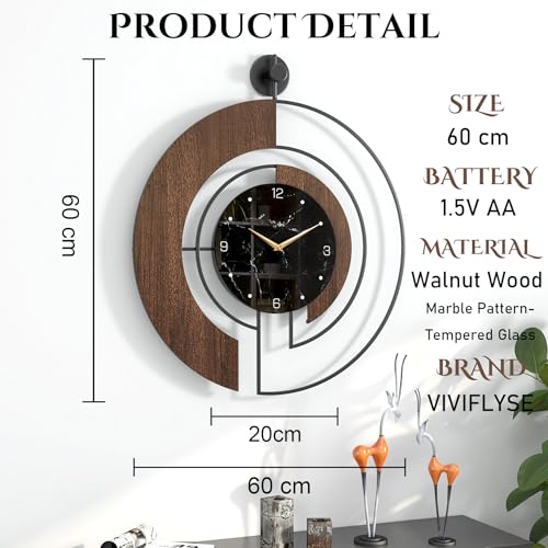 Modern Walnut Marble Dial Wall Clock, Large Wood Metal Frame Silent Non Ticking Wall Clocks for Living Room, Bedroom Decoration, Contemporary Home Wall Decor Gift Idea, 26.4 in - size: 2.X-L(26.4 in)