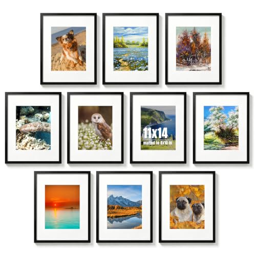 11x14 Picture Frame Black Set of 10, Display 8x10 with Mat or 11 x 14 Without Mat Picture, Photo Frame Collage for Wall Gallery or Table Deco, Hanging or Tabletop Display - color: black, size: 11x14
