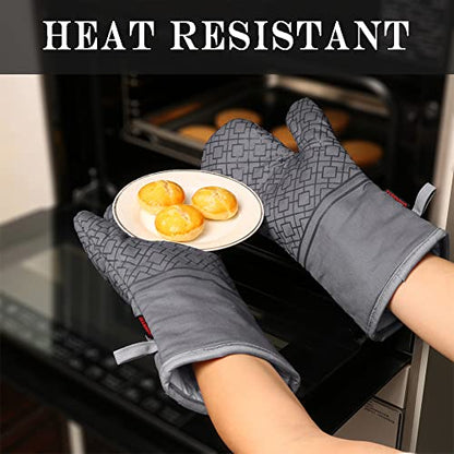 Oven Mitts and Pot Holders Sets 6pcs, Kitchen Oven Glove,High Heat Resistant 550 Degree Extra Long Oven Mitts and Potholders with Non-Slip Silicone Surface for Home Essentials (Grey) (Gray) - color: Gray