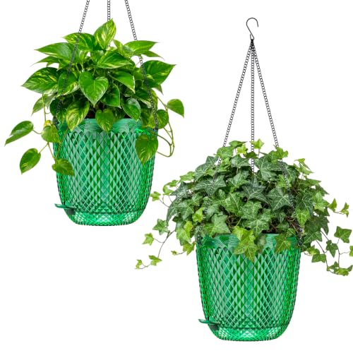 QCQHDU 7.2 Inch 2 Pack Hanging Planters for Indoor Outdoor Plants,Self Watering Flower Pots Hanging Basket,Plastic Plant Hanger with Drainage Holes and 3 Hooks for Window Porch Garden Balcony, (Green) - color: Green, size: 7.2"+7.2"