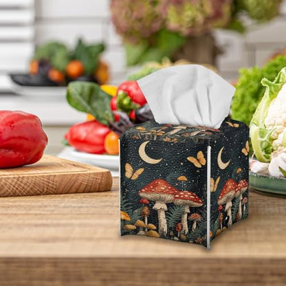 Butterfly Mushroom Pattern Square Tissue Box Cover Facial Napkin Holder Easy to Use Dust-Proof Tissue Case for Living Room Office Bathroom - color: Butterfly Mushroom