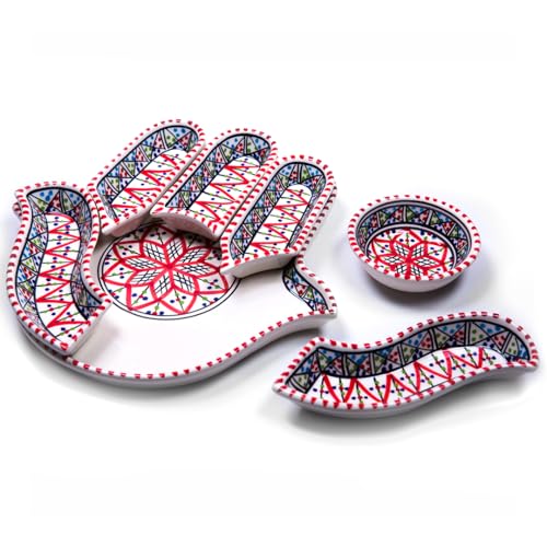 Hamsa Serving Platter – 7-Piece Hand-Painted Ceramic Colorful Serving Dishes for Snacks, Appetizers, Dips and More – Moroccon Decorative Platters for Celebrations, Parties and Events - color: Bohemian Red, size: Hand - Large