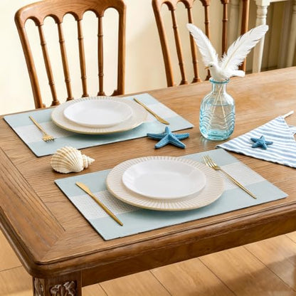 Wracra Linen Placemats Set of 4, Aqua Blue Place Mats for Kitchen Table | Macrame Placemats 12 x 18 Inch, Heat Resistant Table Mats, Premium Cotton Linen Woven Fabric, Delicate Splicing Designs - color: Aqua Blue, size: 12×18 Inch (Set of 4)