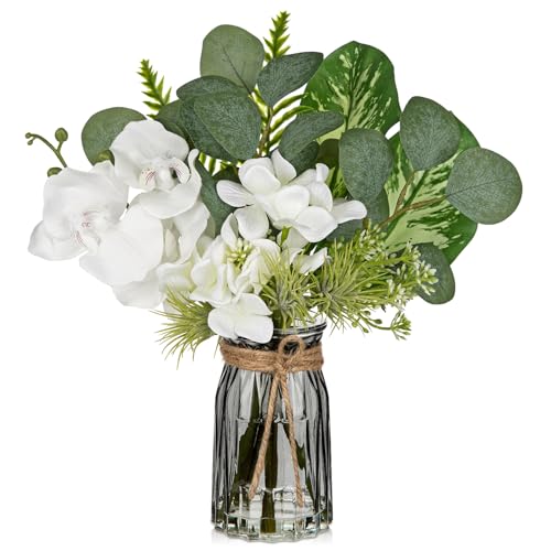 White Orchids Artificial Flowers with Vase Fake Flower in Vase Artificial Eucalyptus Stems in Glass Vases with Faux Water Faux Orchid with Evergreen Plant Arrangement for Dining Table Centerpiece - color: White Orchid + Hydrangea & Black Vase