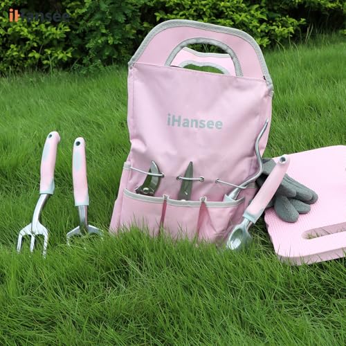 Pink Garden Tools Set 12-Piece, Gardening Gifts for Women | Aluminum Gardening Hand Tool with Non-Slip Handle, Kneeling Pad, Apron, Gloves and Organizer Handbag, Landscaping Tools - color: pink