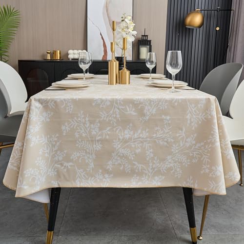Pioggia Vinyl Tablecloth with Flannel Backing - Waterproof, Oil-Proof, Easy to Clean -Plastic Table Cloth - Perfect for Dining Tables, Kitchen Tables, Parties (Beige Leaves, 60×84 Inch Rectangular) - color: Beige Leaves, size: 84" x 60" (Rectangular)