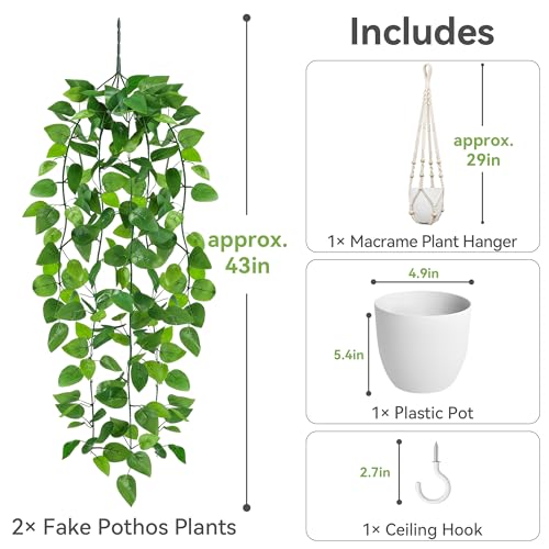 USLAI Fake Hanging Plant, Artificial Pothos Vines Greenery with Pot and Macrame Plant Hanger for Indoor Outdoor Boho Decor - size: 1 Pack