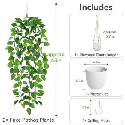 USLAI Fake Hanging Plant, Artificial Pothos Vines Greenery with Pot and Macrame Plant Hanger for Indoor Outdoor Boho Decor - size: 1 Pack