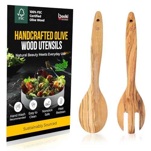 Olive Wood Utensil Set of 2 PCS – Handcrafted Wooden Spoon & Spatula – Natural Eco-Friendly Cooking Utensils, Nonstick Safe, Durable Kitchen Tools - color: Olivewood Heirloom Duo
