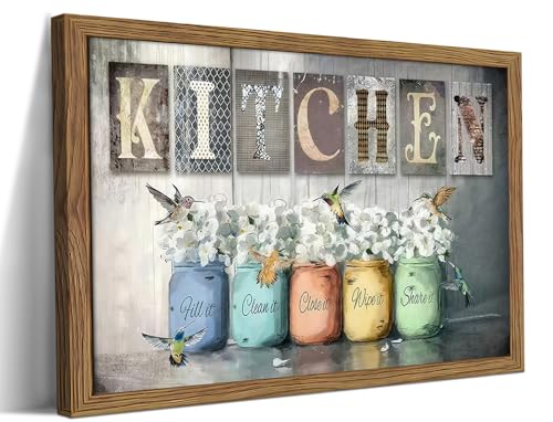 Framed Vintage Kitchen Canvas Wall Art, Retro Letter Signs with Colorful Jars, Florals and Birds Prints, Rustic Farmhouse Wood Grain Poster, Cottagecore Wall Decor for Kitchen Dining Room, 16x24in - color: Flower Kitchen, size: 24"L x 16"W