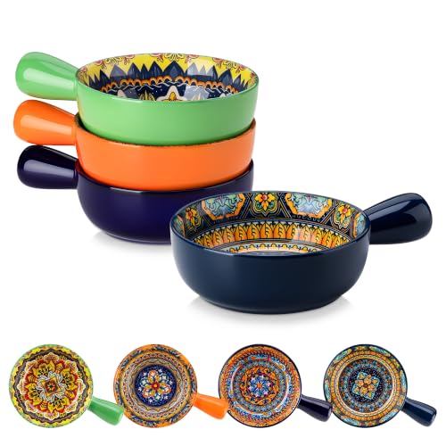 vancasso KRVI French Onion Soup Bowls, 23 Oz Porcelain, Set of 4 | Bohemian Porcelain Soup Bowls with Handles for Onion Soup, Chili, Cereal and Stew, 6.2 inch,Microwave and Dishwasher Safe