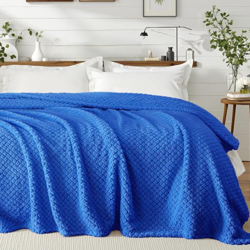 Exclusivo Mezcla Soft Fleece Queen Size Blanket for Bed, Cobalt Blue | Jacquard Lightweight Cozy Bed Blanket, Breathable Decorative Fuzzy Textured All Season Use, 90x90 Inches - color: Cobalt Blue, size: Queen ( 90x90 IN )