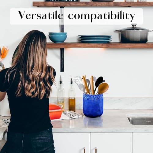 Ceramic Utensils Holder，Extra Large Stable Ceramic Cooking Tool Organizer Set for Kitchen，For Countertop ,Navy Blue - color: Navy Blue
