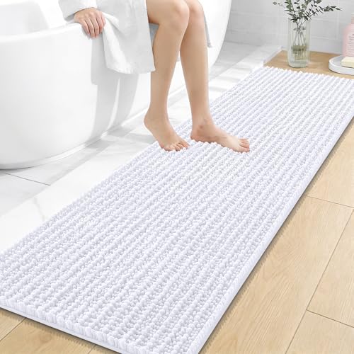OLANLY Bathroom Runner Rugs 59x20, Thick Soft Absorbent Chenille Bath Rugs | White, Quick-Drying Rubber Backing, Long Shaggy Bath Mat, Machine Washable for Floor, Tub and Shower, Home Decor Accessories - color: White, size: 59" x 20"