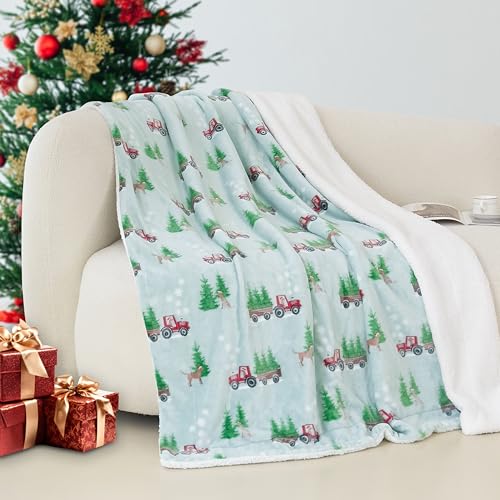 Elegant Comfort Reversible and Ultra-Plush Flannel Fleece-Winter Christmas Sherpa Throw- Lightweight Soft and Cozy-Holiday Decorative Throw, Perfect for Lounging, 50 x 60 inches, Tractor Tree - color: Tractor Tree, size: 50 X 60