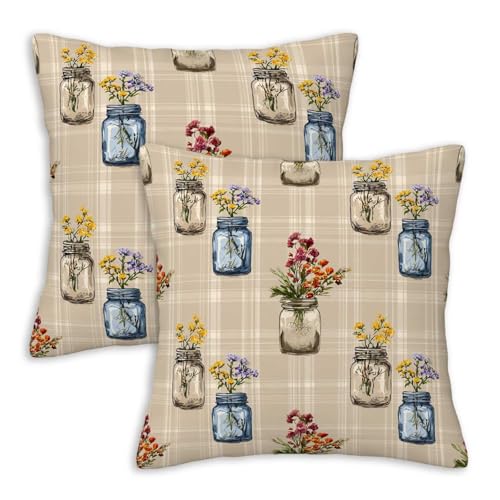 Farmhouse Mason Jar Throw Pillow Covers 18x18 Set of 2 | Rustic Floral Plaid Cushion Cases for Couch Sofa Bed | Cottage Decorative Pillow Covers for Living Room Bedroom - color: Farmhouse Vase