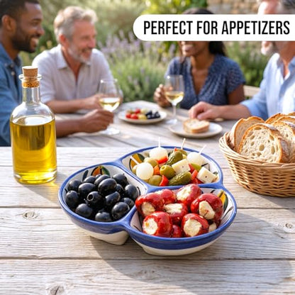 3-Compartment Ceramic Serving Dish, Handmade in Spain | 7.5” divided chip and dip bowl with lead-free glaze, microwave, oven and dishwasher safe, ideal for tapas, snacks and sauces - color: Fiesta Flower
