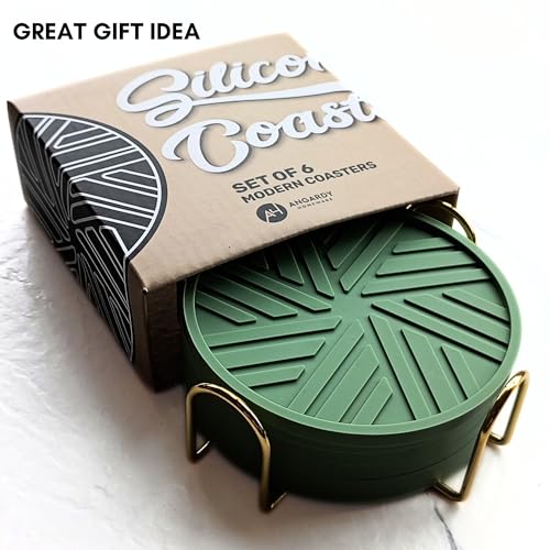 Silicone Coasters Set of 6 with Gold Holder - Modern Pattern for Prevent Sticking from Cups Coffee, Sage Green - color: Sage