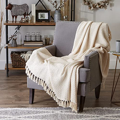 DII Modern Zig Zag Throw Blanket Woven Cotton, Hand-Knotted 2.5" Fringe, 50x60, Natural - color: Natural, size: 50x60"