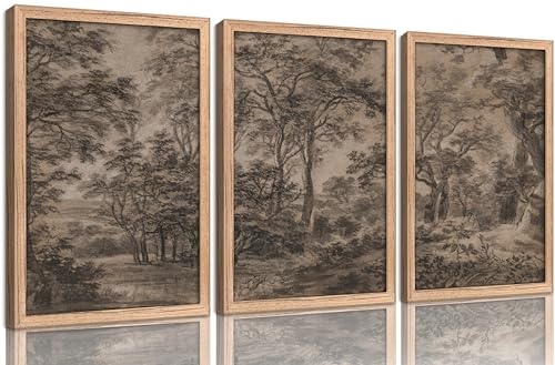 Framed Vintage Charcoal Forest Wall Art Set, Rustic Brown Woodland Landscape Canvas Prints, Dark Tree Natural Sketch Wall Decor, Rustic Neutral Nature Poster Artwork for Bedroom Living Room Office - color: Forest scenery, size: 24"Lx16"W