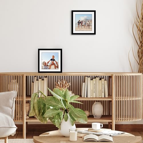Americanflat 10x10 Picture Frame 2-Pack - Matted to 8x8 - Black | Slim Molding construction, Polished plexiglass front, wall or tabletop display with included easel, triangle hangers included - color: Black, size: 10x10