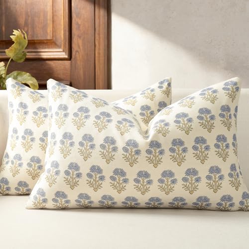 Farmhouse Floral Pillow Covers 12x20 Set of 2, Country Botanical Throw Pillow Cover for Sofa Couch Bed Living Room, Rustic Vintage Flower Cushion Covers Cottage Home Décor,Blue Mustard - color: Blue Mustard, size: 20" x 12" (Pack of 2)