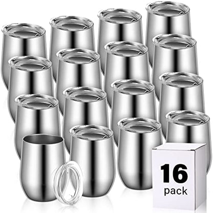 Remagr 16 Pack Stainless Steel Wine Tumblers 12 oz Insulated Vacuum Wine Cup Set Double Wall Stainless Steel Stemless Mug Glasses for Coffee Soda Whiskey Outdoor Travel (Silver) - color: Silver