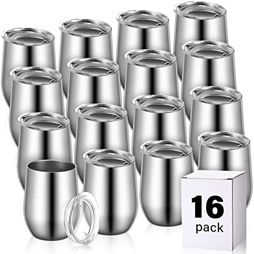 Remagr 16 Pack Stainless Steel Wine Tumblers 12 oz Insulated Vacuum Wine Cup Set Double Wall Stainless Steel Stemless Mug Glasses for Coffee Soda Whiskey Outdoor Travel (Silver) - color: Silver