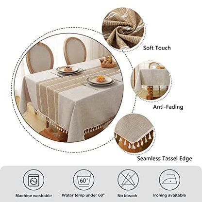 Laolitou Rustic Tablecloth Cotton Linen Waterproof Tablecloths Washable Table Cloths for Kitchen Dining,Party,Holiday,Christmas,Buffet Coffee Lines Rectangle,55''x102'',8-10 Seats - color: Coffee Lines, size: 102" x 55" (Rectangular)