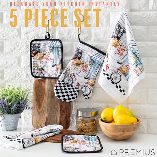 5 Piece Baking Chef Printed Kitchen Linen Set, 2 Cotton Towels, 2 Potholders, 1 Oven Mitt with Hanging Loop, 100% Cotton Material on Front & Polyester Backing, Perfect Kitchen Accessory - color: Baking Chef