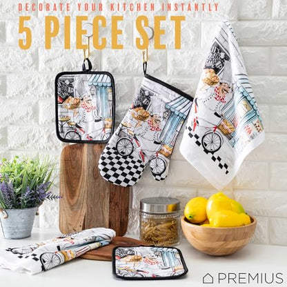 5 Piece Baking Chef Printed Kitchen Linen Set, 2 Cotton Towels, 2 Potholders, 1 Oven Mitt with Hanging Loop, 100% Cotton Material on Front & Polyester Backing, Perfect Kitchen Accessory - color: Baking Chef
