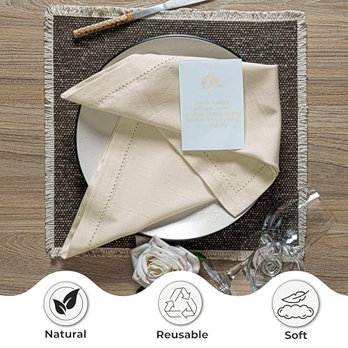Ramanta Home Natural Cloth Dinner Napkin Set of 12-20x20 Inch, Premium Cotton Linen Flax Hemstitched Napkins, Soft Durable Washable for Everyday Use Thanksgiving Christmas Parties Halloween - color: Natural - Hemstitch, size: 20" x 20" (Set of 12)
