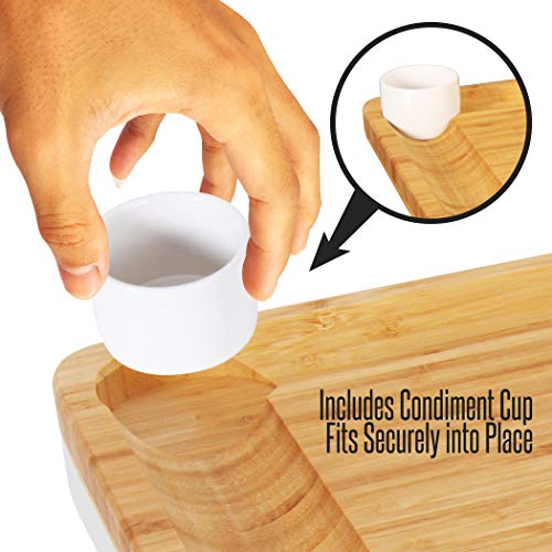 NutriChef Bamboo Cheese Cutting Board Set - Flat Wood Rectangle Serving Platter Plate Kit for Fruit and Meat w/Closing Drawer Tray, 4 Stainless Steel Knives, Bonus Condiment Cup - NutriChef AZPKCZBD10