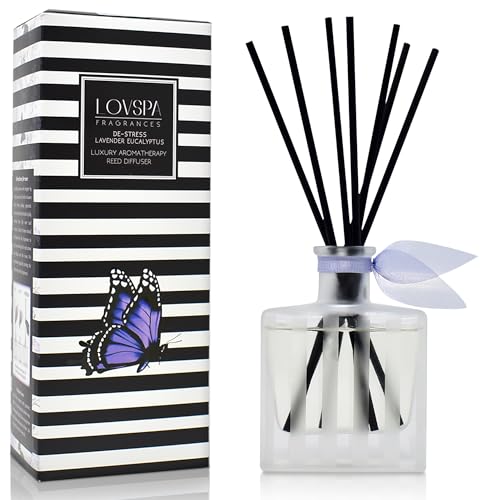 Reed Diffuser Set, DE-Stress Lavender Eucalyptus Scented Oil Diffuser with Sticks, Home Fragrance Accessories for Bathroom Shelf Decor, Aroma Diffusers for Home or Office Desk, USA Made - color: De-stress Lavender Eucalyptus, size: Modern Stripe/4.5 oz