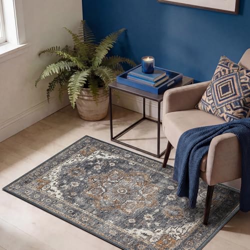 Keen Home Design Vintage Washable Entryway Rug, Non-Slip Low Pile, 2x3 | Machine Washable Cotton Chenille, 0.25In Low Pile, Rubber Non-Slip Back; Kitchen, Entryway, Bathroom, Bedside - color: Dark Grey / Copper Tone, size: 2' x 3' (Rectangular)
