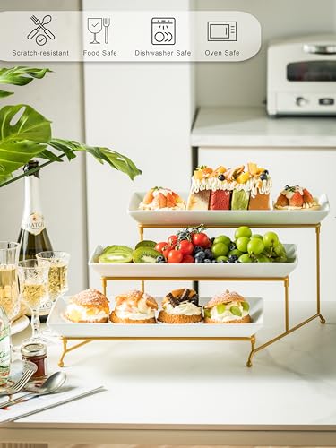YHOSSEUN 3 Tier Serving Tray for Party, Tiered Serving Platters and Trays, 14 Inch Tiered Tray Stand, Dessert Stand, Serving Stand, Dessert Table Display Set with Collapsible Sturdier Metal Rack | Ceramic Tiered Tray Stand, Dessert Stand, Serving Stand, D