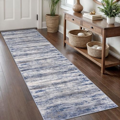 KOZYFLY ModernWashable Rug Runner 2x8 Hallway Runner Rug Grey-Blue | Non-Slip, Non-Shedding, Low Pile Soft, Abstract Striped, For Hall Kitchen Entryway Bathroom Laundry Bedroom Foyer - color: Blue-grey, size: 2' x 8' (Runner)