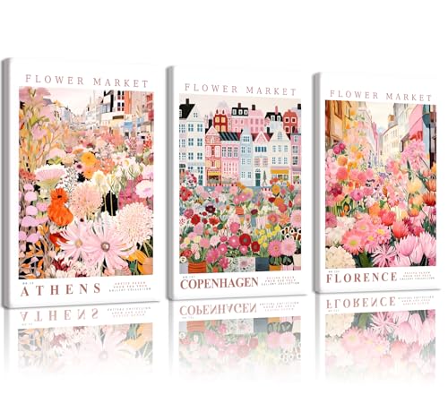 EEYNAQQ Flower Market Wall Art, 3-Piece City Floral Canvas Painting, Athens Copenhagen Florence City Picture Prints Wall Decor for Living Room Bedroom, 16x24 Inches Ready to Hang - color: Flower Market Wall Art, size: 16x24 Inches