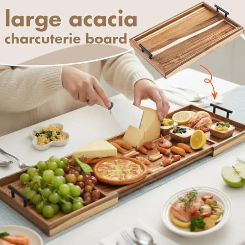 Lounsweer Acacia Large Charcuterie Board with Handles and Knife Set Expandable 18.5 to 32 Inch XL Wood Serving Tray Long Cheese Platter for Party Gatherings Entertaining House Gift(Double-Side Pull) - size: 18.5 to 32 Inch