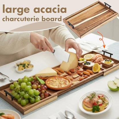 Lounsweer Acacia Large Charcuterie Board with Handles and Knife Set Expandable 18.5 to 32 Inch XL Wood Serving Tray Long Cheese Platter for Party Gatherings Entertaining House Gift(Double-Side Pull) - size: 18.5 to 32 Inch