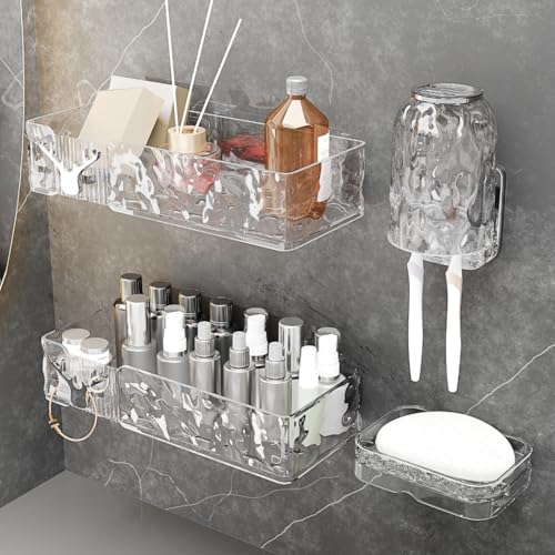 Acrylic Shower Shelves with Soap Dish & Toothbrush Holder, Clear Plastic Shower Caddy, Adhesive Bathroom Organizer Wall Mount, No Drill Installation 4 Pack